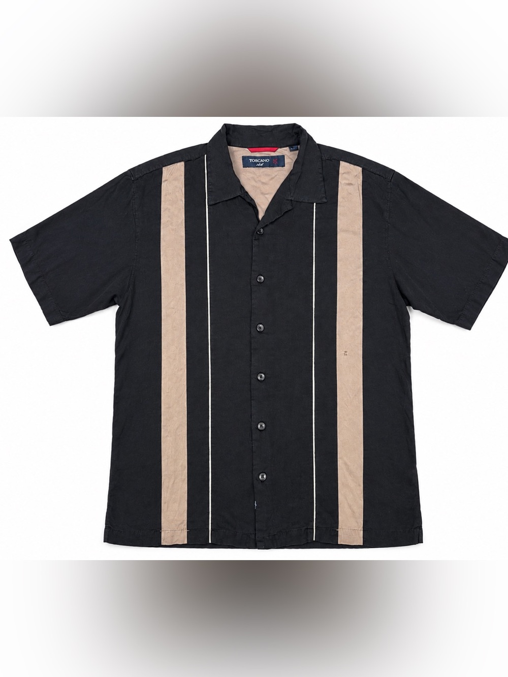 Toscano Silk Rayon Shirt Men’s M Black Tan Striped Camp Collar Short Sleeve